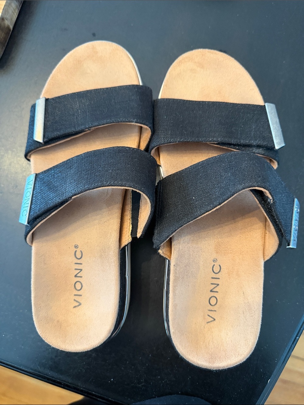 Vionic Black Cross-Strap Slide Sandals with Tan Footbed
